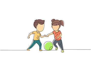 Wall Mural - Continuous one line drawing boy and girl playing football together. Two happy little kids playing sport at playground. Children kicking ball by foot between them. Single line design vector graphic