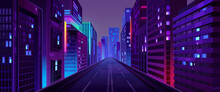 City Street With Houses And Buildings With Glowing Windows At Night. Cityscape With Empty Road, Houses And Skyscrapers With Neon Color Ligth, Isolated Skyline On Background Vector Cartoon Illustration