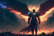 Battle archangel warrior in armor. Big wings on his back, Angel of revenge on battlefield. Messenger of God. 3d illustration