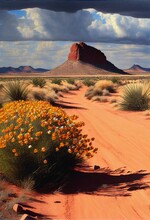 Landscape In The Desert, Flowering Bush By The Road Cloudy With A Lone Mountain In The Distance, Generative Ai