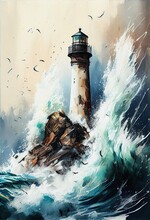 Lighthouse On The Coast Of The Sea Shore Epic Waves Watercolor Colorful, Generative Ai	