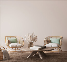 Wall Mural - Scandinavian living room mockup with beige walls and natural wood accents, rattan furniture with white armchair and mint green pillows, 3d render 