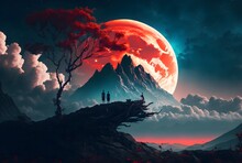 Mountain, Clouds And Red Moon Illustration Digital Wallpaper. For Use As A Frame On Walls.