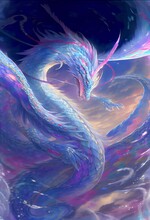 A Painting Of A Blue And Pink Dragon