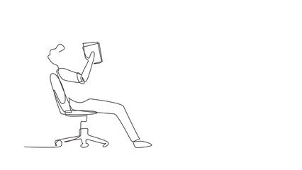 Poster - Animated self drawing of continuous line draw boy reads book. Side view of exiting process of learning by male. Style of boy spending spare time by reading literature. Full length one line animation