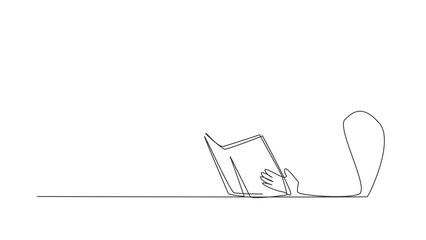 Poster - animated self drawing of continuous line draw student sitting at table, holding book in hands. stude
