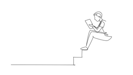 Poster - animated self drawing of continuous line draw modern young man reading book sitting on stairs. smart