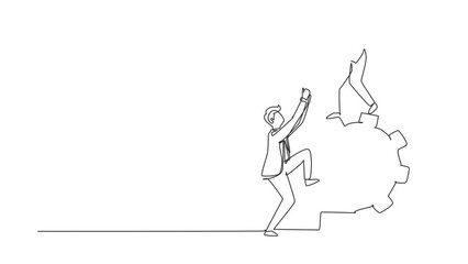 Wall Mural - Self drawing animation of single line draw two businessmen helping each other on top of cog. Teamwork people help each other trust assistance. Goal concept. Continuous line draw. Full length animated