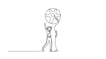 Poster - animated self drawing of continuous line draw collaboration. man and woman lifting gears. people wor