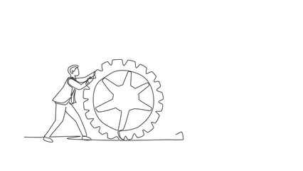 Wall Mural - Animated self drawing of continuous line draw businessman pushing big cogs. Teamwork cooperation in gears mechanism. Men working on push gears, teamwork or leadership. Full length one line animation