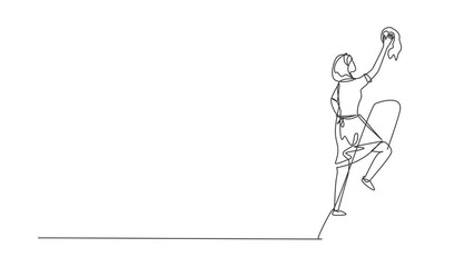 Poster - Animated self drawing of continuous line draw window washer is cleaning window using squeegee. Housekeeping service. Woman cleaner standing on ladder and washing. Full length single line animation
