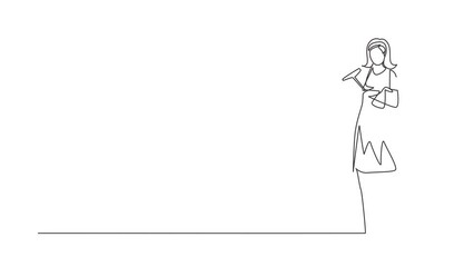 Poster - Animated self drawing of continuous line draw woman worker posing, holding cleaning tool. Cleaning service with pose. People enjoying working in cleaning services. Full length single line animation