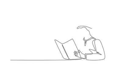 Poster - Animated self drawing of continuous line draw Arab student sitting at table, holding book in hands. Student reading book. Student reading book, preparing for exam. Full length one line animation