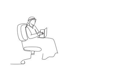 Poster - animated self drawing of continuous line draw young arabian man reading book sitting in chair. smart