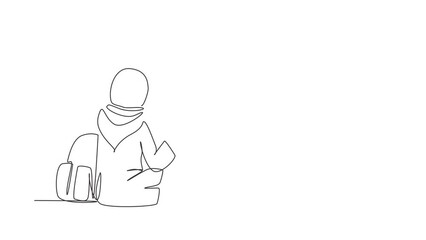 Poster - Animated self drawing of continuous line draw back view Arabian woman sitting on floor reading book. College student prepare to exam, back to school gaining knowledge. Full length one line animation