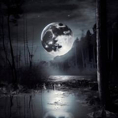 Wall Mural - bright moon lighting up the night in a forest (generative ai)