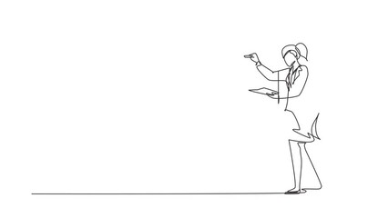 Poster - self drawing animation of single line draw business woman teacher standing in front of the white boa