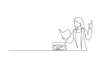 Poster - animated self drawing of continuous line draw teacher standing in front of class with book on her ha