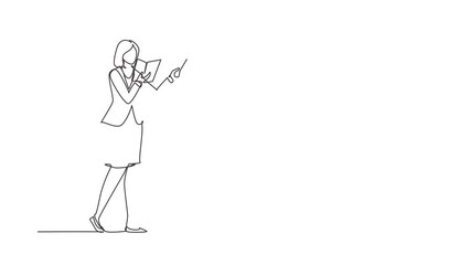 Poster - self drawing animation of single line draw woman teacher standing with open book, pointer in front o