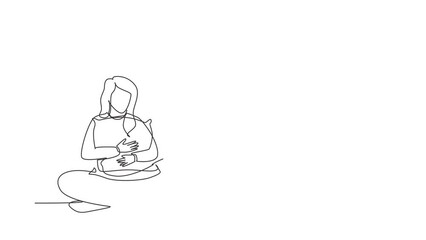 Poster - Self drawing animation of single line draw girl sitting, hugging pillow. Woman sits with her eyes closed and is about to go to bed. Relaxing, time to sleep. Continuous line draw. Full length animated