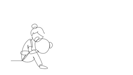 Poster - Self drawing animation of single line draw little girl hugging big teddy bear, sitting on floor at home, kids toys. Little girl playing with teddy bear. Continuous line draw. Full length animated