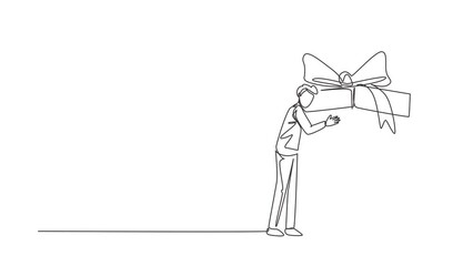 Wall Mural - Animated self drawing of continuous line draw guy hugging birthday gift. Satisfied man standing near wrapped birthday gift box with bow. Present, gift, birthday. Full length single line animation