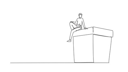 Poster - Self drawing animation of single line draw businessman sitting on gift box. Big present. Man sitting on big box with present. Happy person gets a huge gift. Continuous line draw. Full length animated