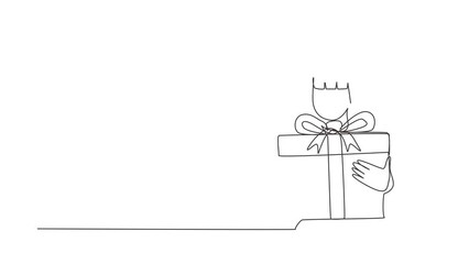 Wall Mural - Self drawing animation of single line draw girl holding big ribbon bow wrapped gift box in front of her. Girl carries holiday gift with big bow in her hands. Continuous line draw. Full length animated