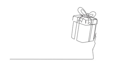 Poster - Self drawing animation of single line draw man carrying a big present box. The creative idea of earning a reward, gift, or prize. Concept of celebration. Continuous line draw. Full length animated