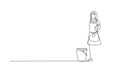 Poster - Animated self drawing of continuous line draw cleaning staff to work with the equipment. Woman with buckets and mops. Domestic cleaner worker and cleaners equipment. Full length one line animation