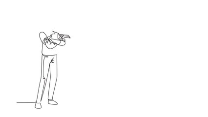 Poster - Animated self drawing of continuous line draw cleaning worker posing, holding tool. Cleaning service with cool pose. People enjoying working in cleaning services. Full length single line animation