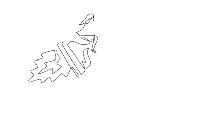 Poster - Self drawing animation of single line draw businesswoman riding rocket hourglass flying sky. Business time management. Success, champion, victory, sandglass. Continuous line draw. Full length animated