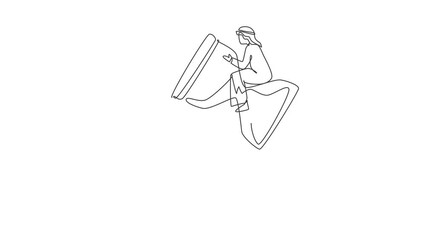 Poster - Self drawing animation of single line draw businessman riding rocket hourglass flying sky. Business time management. Success, champion, victory, sandglass. Continuous line draw. Full length animated