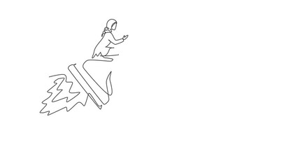 Poster - Animated self drawing of continuous line draw businesswoman riding rocket hourglass flying through sky. Business time management. Success, champion, victory, sandglass. Full length one line animation