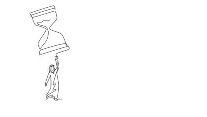 Poster - Self drawing animation of single line draw Arab businessman flying with hourglass balloon. Business time management. Success, champion, victory, sandglass. Continuous line draw. Full length animated