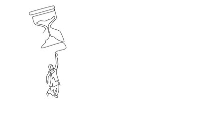 Poster - Animated self drawing of continuous line draw Arabian businesswoman flying with hourglass balloon. Business time management. Success, champion, victory, sandglass. Full length single line animation