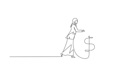 Poster - Animated self drawing of continuous line draw businesswoman hugging big money bag. Financial success. Woman standing, hugging huge cash bag. Business creative idea. Full length one line animation