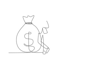 Poster - Animated self drawing of continuous one line draw happy businessman in suit standing near big heavy bag with dollar sign. Male leaning on money sack. Success concept. Full length single line animation