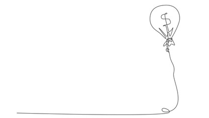Poster - Animated self drawing of continuous line draw businesswoman flying with money bag dollar balloon. Successful financial concept. Female earning money and have success. Full length one line animation