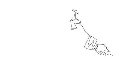 Poster - animated self drawing of continuous line draw businessman riding idea light bulb flying through sky.