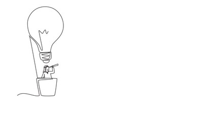 Poster - Animated self drawing of continuous line draw businessman through telescope in air balloon-light bulb. Man in lightbulb balloon search to success. Business idea concept. Full length one line animation