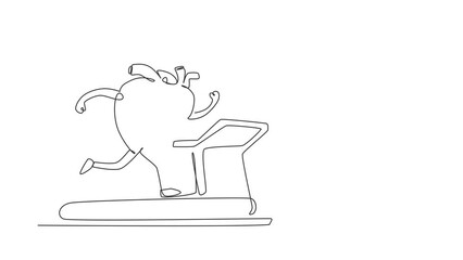 Poster - Animated self drawing of continuous line draw cute funny heart organ running on treadmill. Heart organ workout, sport, fitness, cardio run, stamina character concept. Full length single line animation