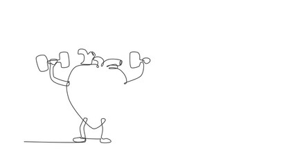Poster - Self drawing animation of single line draw healthy heart organ doing exercises with dumbbells weights. Heart face, fitness exercise, sport, lifting concept. Continuous line draw. Full length animated