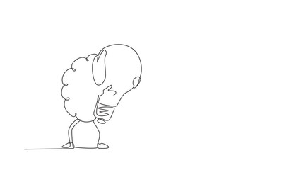 Poster - Self drawing animation of single line draw brain holds the light bulb. Symbol of new idea that came to mind. Brain character inspired by the idea soars up. Continuous line draw. Full length animated