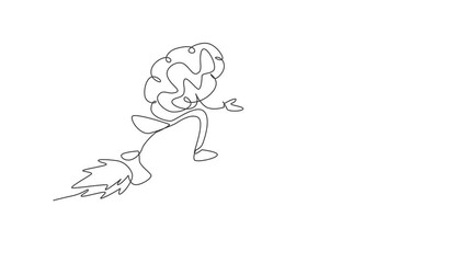 Aufkleber - self drawing animation of single one line draw compete brain mascot character riding flying rocket. 