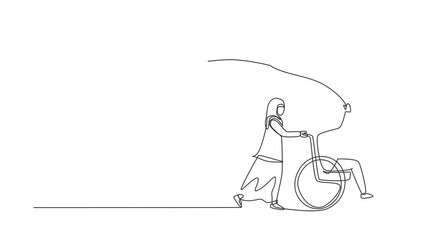 Poster - Self drawing animation of single line draw child disabled. Hand drawn little Arab girl pushing boy in wheel chair with flying kite. Disabled has fun outside. Continuous line draw. Full length animated