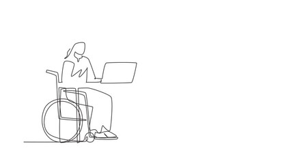 Poster - Animated self drawing of continuous one line draw young Arabian man uses wheelchair and working with computer in office. Online job and startup. Physical disability. Full length single line animation