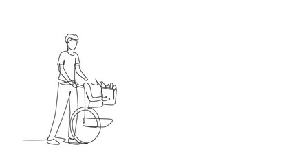 Wall Mural - Self drawing animation of single line draw man supporting, caring disabled woman on wheelchair. Volunteer helping with shopping, taking care of senior woman. Continuous line draw. Full length animated