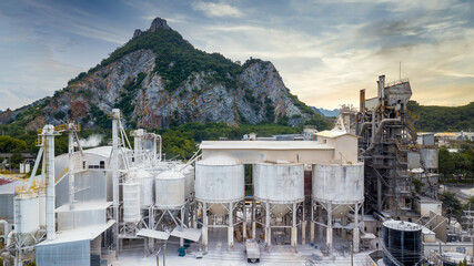 Aerial view cement factory mill in cement factory, Cement production factory, Concrete or cement plant, Heavy industry construction industry.