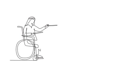 Poster - Animated self drawing of continuous line draw disabled Arabian man in wheelchair playing drum. Physically disabled. Person in hospital. Rehabilitation center patient. Full length single line animation